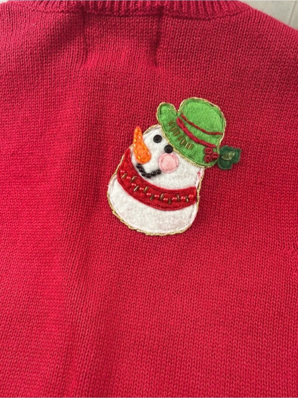 Vintage Tiara Red women’s holiday Sweater Vest with Snowman Appliqué